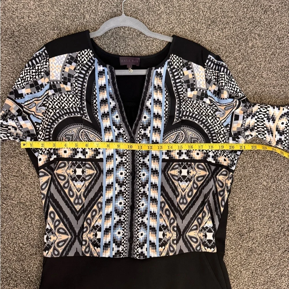 Hale Bob Black White Blue Tan Design Long Sleeve Pullover Dress Sz L Knee Length - Picture 14 of 16